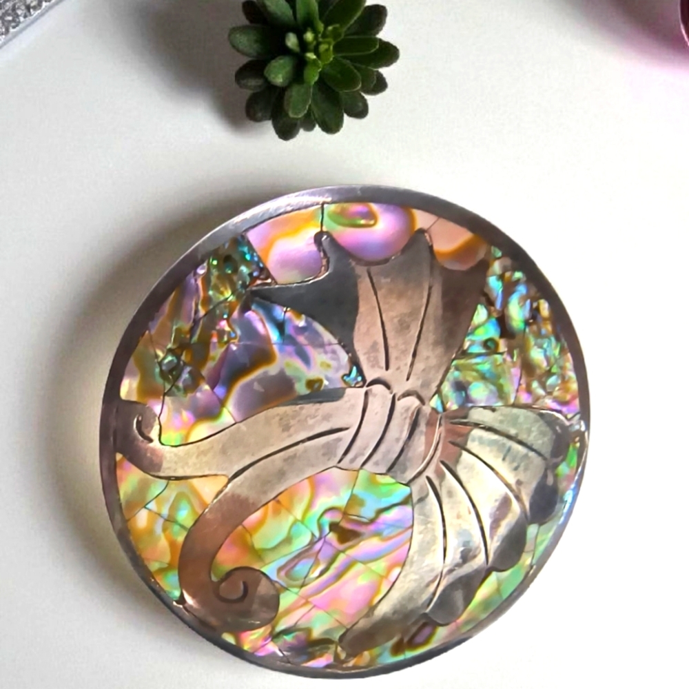 Vintage Taxco Abalone Inlay And Sterling Silver Large Pendant Or Brooch